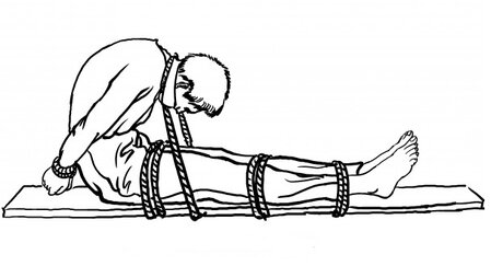 Le torture del PCC: il praticante del Falun Gong viene legato a un asse di legno con la testa piegata verso le gambe.