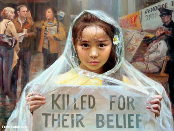 Persecuzione del Falun Gong: una bambina, sotto la pioggia, tiene un cartello con scritto "Uccisi per la loro fede".