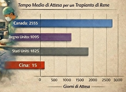 Grafico che mostra il tempo medio di attesa (in giorni) per un trapianto di rene: Canada: 2555 - Stati Uniti: 1825 - Regno Unito: 1095 - Cina: 15